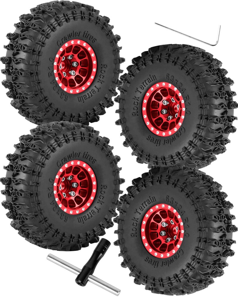 عجلات وإطارات RCHuiWow 1.0 بوصة Beadlock RC لـ 1/18 TRX4M، 1/24 Axai1 SCX24 RC Crawler، 1.0 إطارات Beadlock مع عجلات ألمنيوم 1.0 RC Beadlock Rims، 4 قطع، أحمر - Image 1